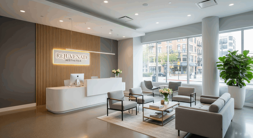 Recepção moderna de clínica estética Rejuvenate Aesthetics com decoração elegante, poltronas confortáveis, mesa de café e grande janela de vidro na cidade.